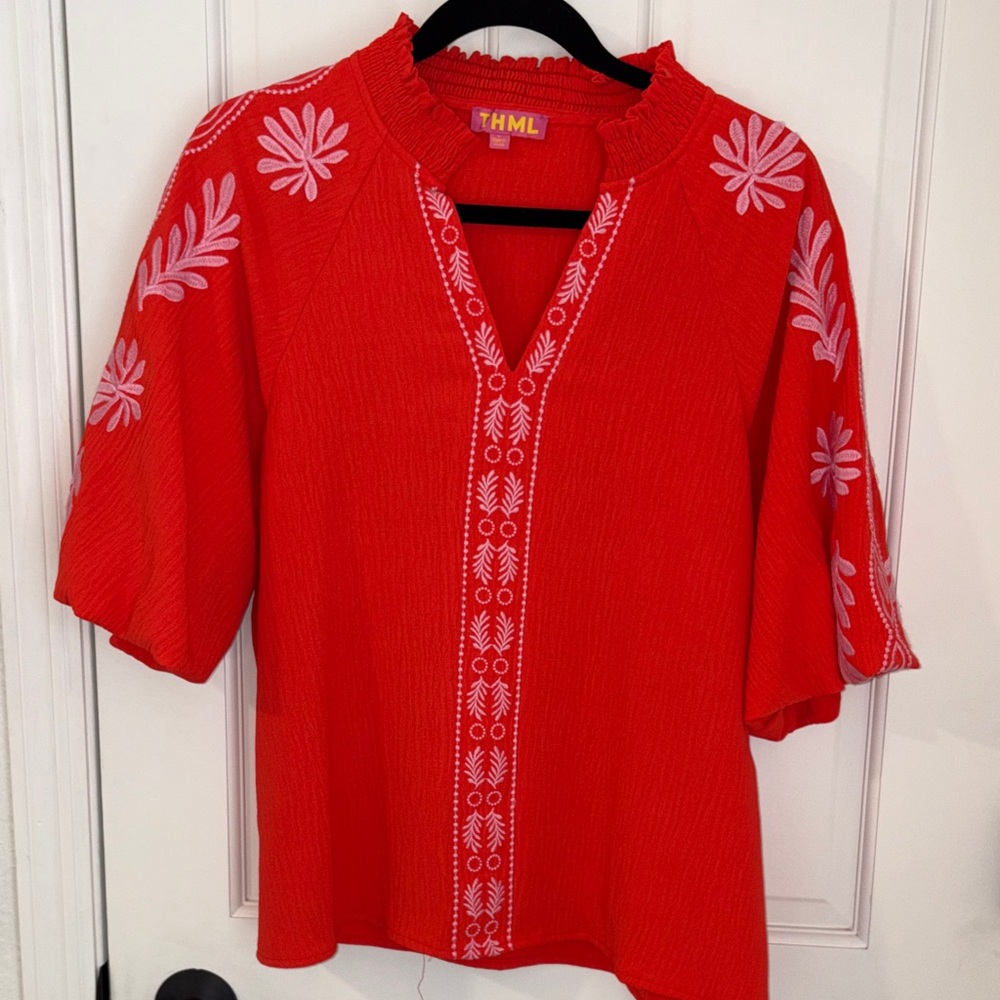 THML Bright Coral Embroidered V-Neck Tunic